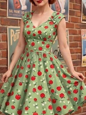 Hell Bunny Green Midi Dress with Red Apple Print